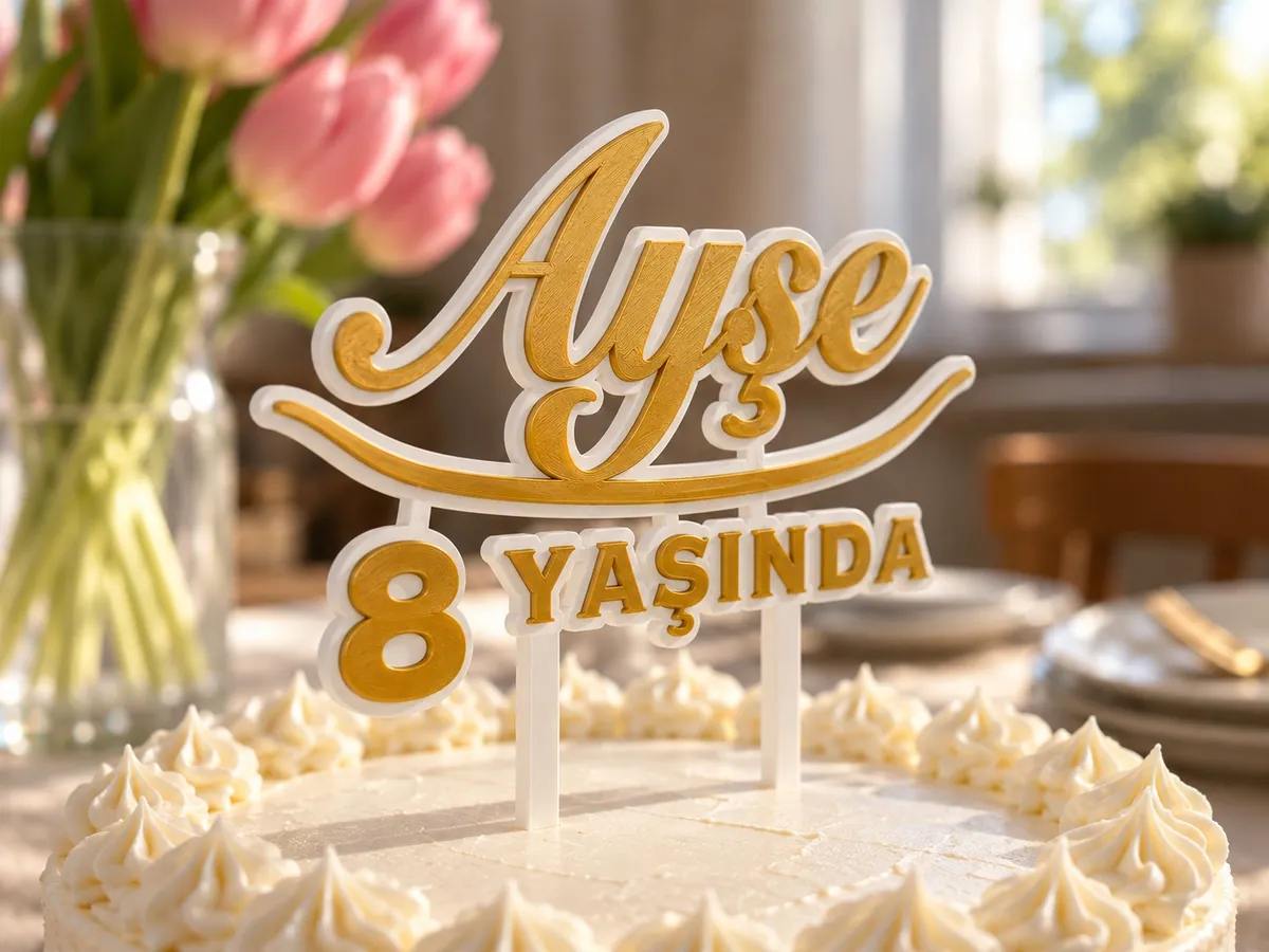 İsme ve Yaşa Özel Pasta Süsü – 2 Renk Kaligrafi